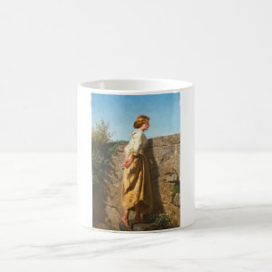 Taza De Café Mujer hermosa mirando sobre la pared (Vintage)