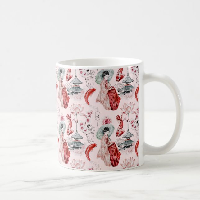 Taza De Café Mujer japonesa acuarela Pagoda Lotus Koi Fish (Derecha)