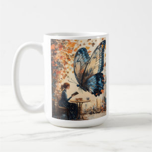 Taza De Café Mujer leyendo con arte abstracto de mariposa gigan
