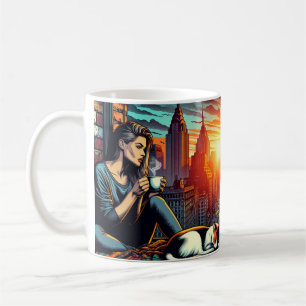Taza De Café Mujer leyendo en la ventana de la ciudad con gato 