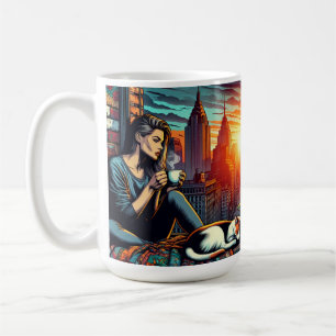 Taza De Café Mujer leyendo en la ventana de la ciudad con gato 