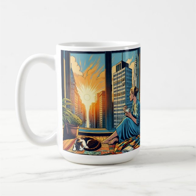 Taza De Café Mujer mirando el amanecer con su gato (Izquierda)