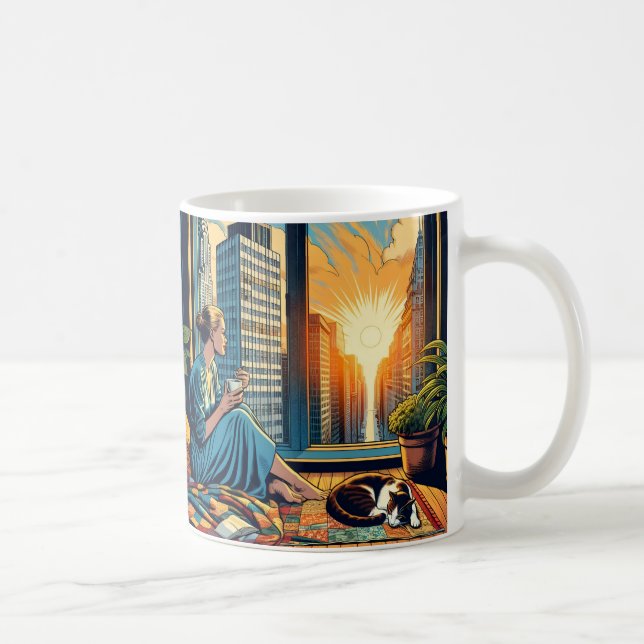 Taza De Café Mujer mirando el amanecer con su gato (Derecha)