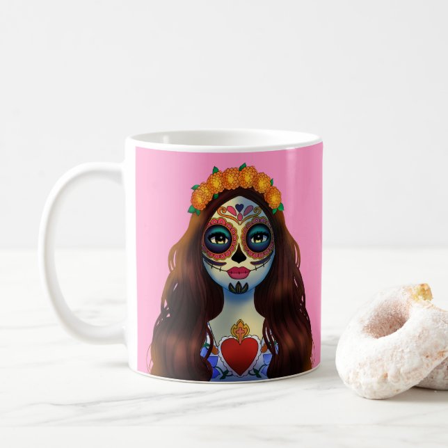 Taza De Café Mujer misteriosa de cráneo de azúcar (Con donut)
