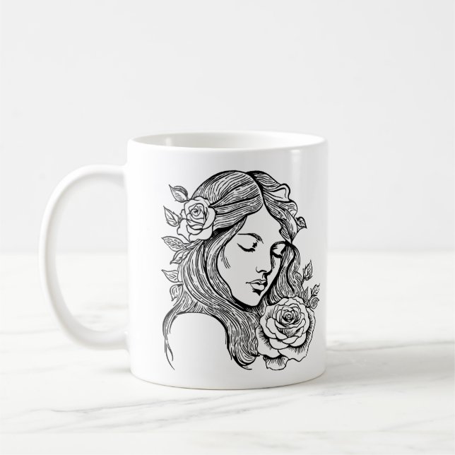 Taza De Café Mujer negra y blanca elegante con barba de flores (Izquierda)