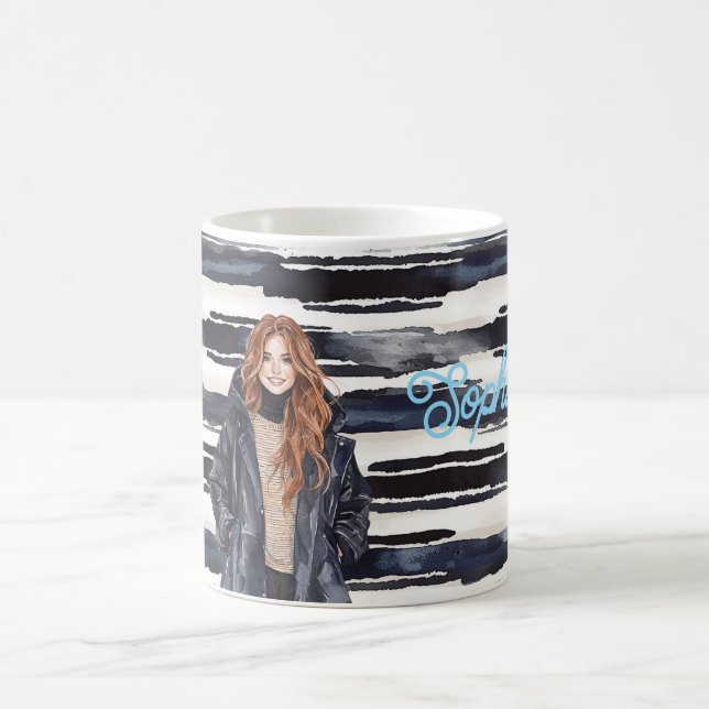 Taza De Café Mujer pelirroja con rayas azules (Centro)