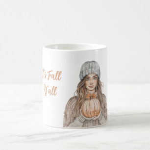 Taza De Café Mujer Pelo Marrón Sombrero Calabaza Es Otoño Todos