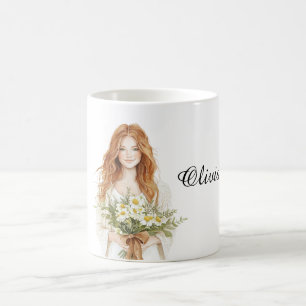 Taza De Café Mujer Pelo Rojo Flores de Margarita