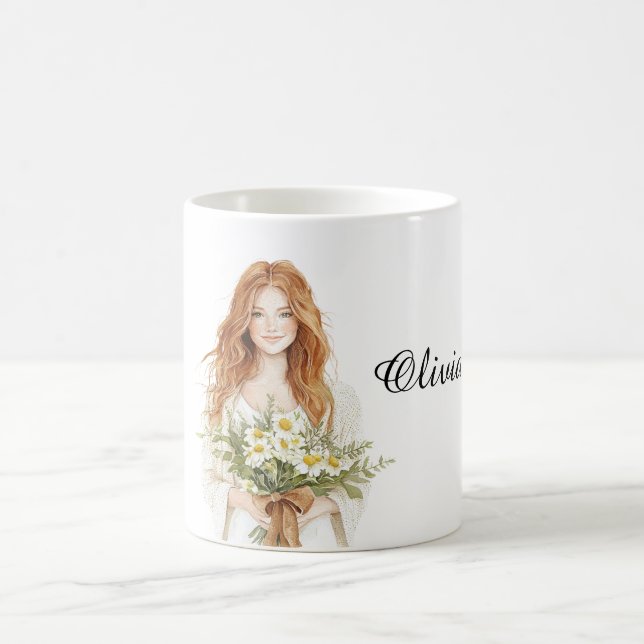 Taza De Café Mujer Pelo Rojo Flores de Margarita (Centro)