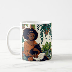 Taza De Café Mujer relajándose con su gato, libro y plantas