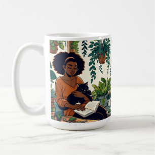 Taza De Café Mujer relajándose con su gato, libro y plantas