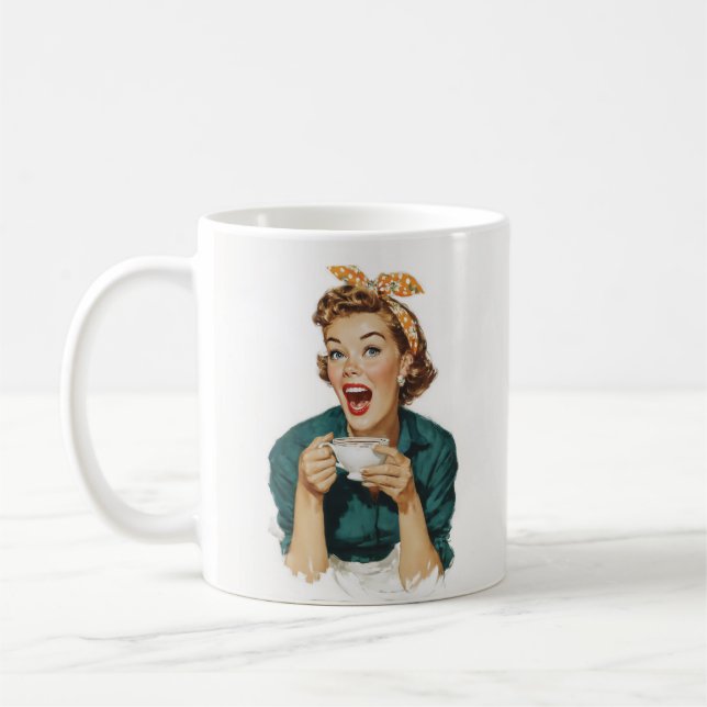 Taza De Café Mujer Retro Alegre Disfrutando Café (Izquierda)