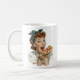 Taza De Café Mujer Retro Disfrutando Rebanada de Pizza