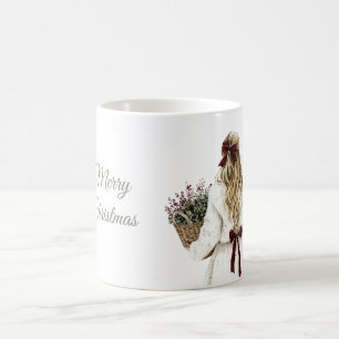 Taza De Café Mujer Rubia Abrigo Blanco Lazo Borgoña Navidad