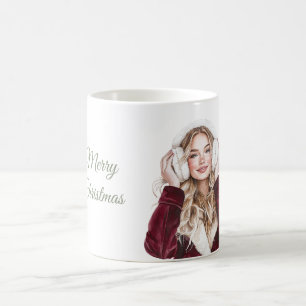 Taza De Café Mujer Rubia Abrigo Borgoña Navidad