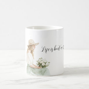 Taza De Café Mujer Rubia Falda Verde Menta Rosas Blancas La Vid