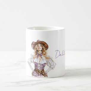 Taza De Café Mujer Rubia Sombrero Púrpura Camiseta Blanca