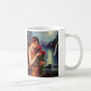 Taza De Café Mujer Vintage con Rosas Rojas a la Luz de la Luna