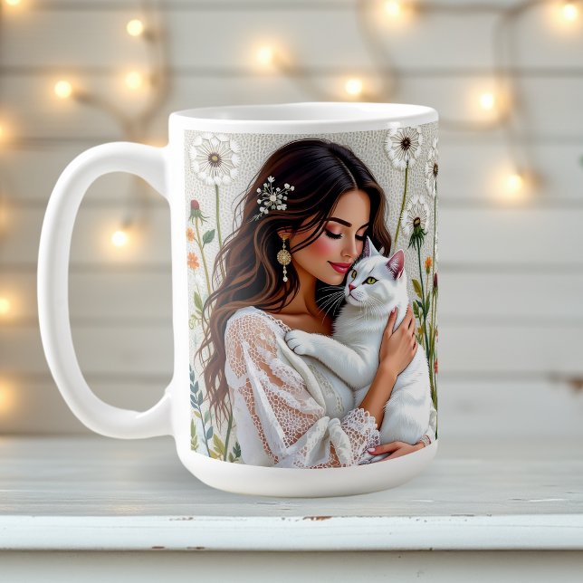 Taza De Café Mujer y gato blanco y dientes de león  (Subido por el creador)