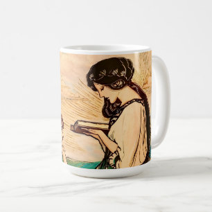 Taza De Café Mujeres Vintage Art Nouveau leyendo junto al mar 
