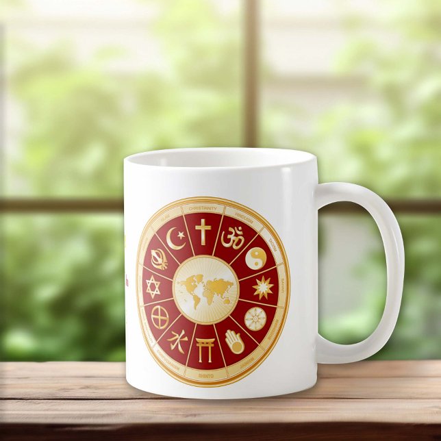 Taza De Café Mundo de fe (Customize with your text.  Gold symbols of international religions surround a world map.)