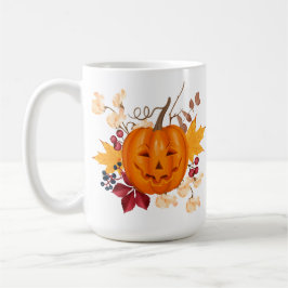 Taza De Café Muñeca de calabaza festiva con hojas de otoño