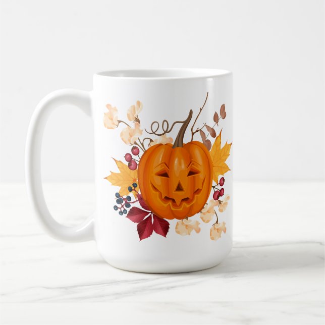 Taza De Café Muñeca de calabaza festiva con hojas de otoño (Izquierda)