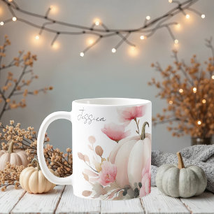 Taza De Café Muñeca de otoño con calabazas y flores rosas