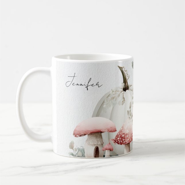 Taza De Café Muñeca de otoño con calabazas y flores rosas (Izquierda)