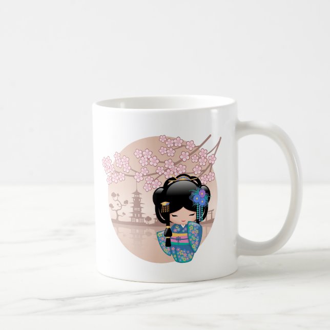 Taza De Café Muñeca Keiko Kokeshi - Chica azul Kimono Geisha (Derecha)