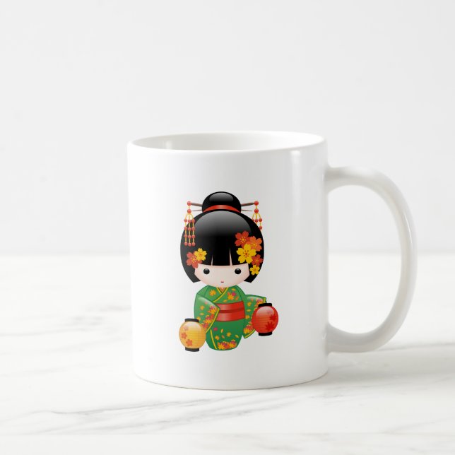 Taza De Café Muñeca Kokeshi Caída - Chica de Kimono Verde Geish (Derecha)