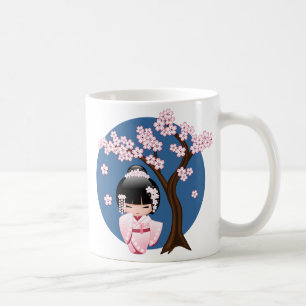 Taza De Café Muñeca Kokeshi de Kimono Rosa sobre Azul