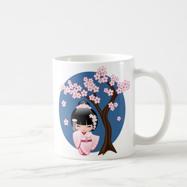 Taza De Café Muñeca Kokeshi kimono blanca - Chica Geisha lindo (Derecha)