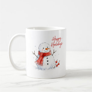 Taza De Café Muñeco de nieve con bufanda roja en acuarela