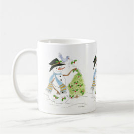 Taza De Café Muñeco de nieve con un pájaro azul