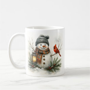 Taza De Café Muñeco de nieve de acuarela, farol y cardenal
