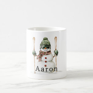 Taza De Café Muñeco de nieve sombrero verde esquís de nieve 