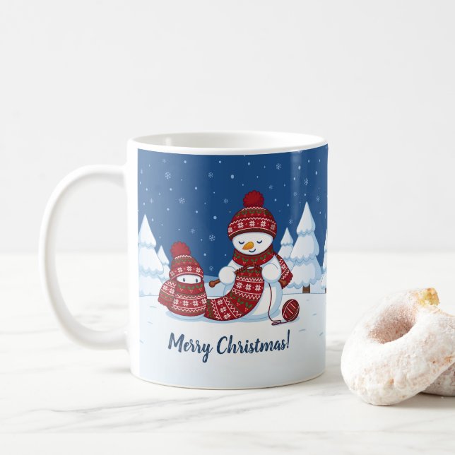 Taza De Café Muñeco de nieve tejiendo bufanda de Navidad (Con donut)