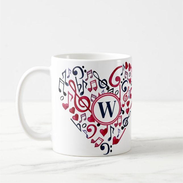 Taza De Café Musical Heart Notes Clefs Music Love Monogram (Izquierda)