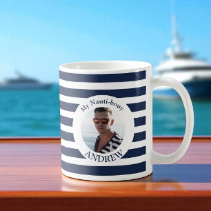 Taza De Café My Nauti-bouy Navy Blue Striped Photo Mug