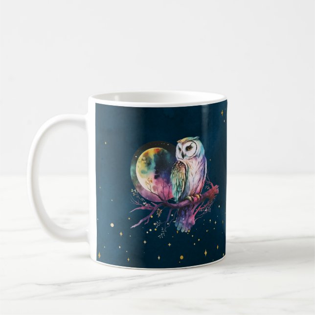 Taza De Café Mystical Rainbow Owl y Full Moon Celestial (Izquierda)