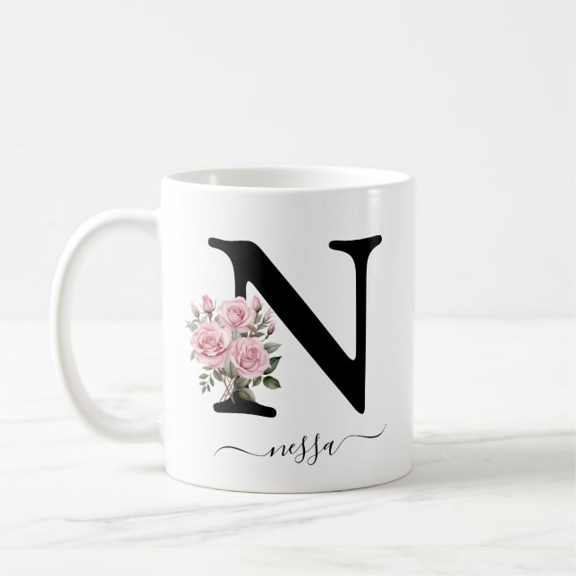 Taza De Café N Inicial Monograma Flor Flor Rosa Rosada Mug (Izquierda)
