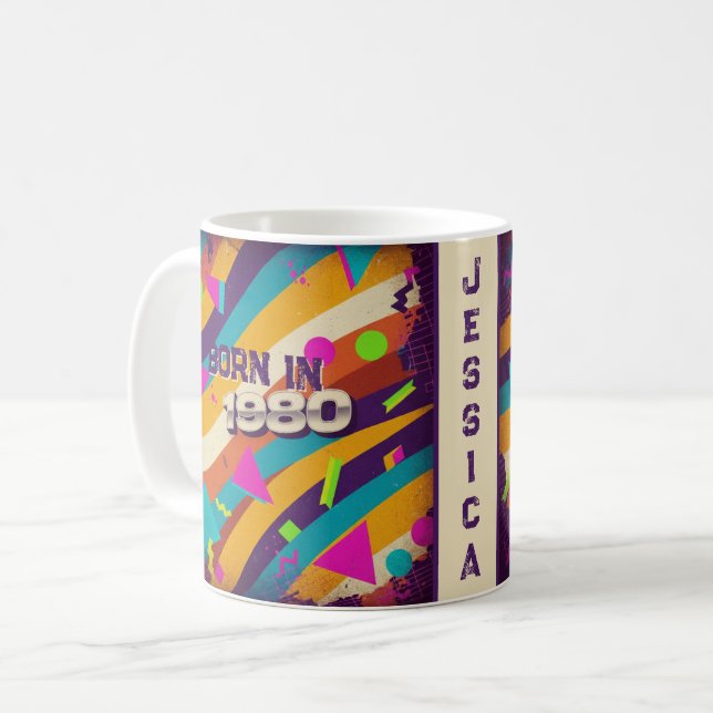 Taza De Café Nacido en 1980 Mug personalizado - Neon Geométric  (Anverso izquierdo)