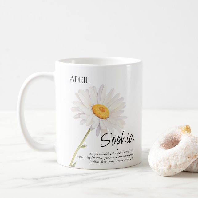 Taza De Café Nacimiento Mes de Abril Flor Personalizada (Con donut)