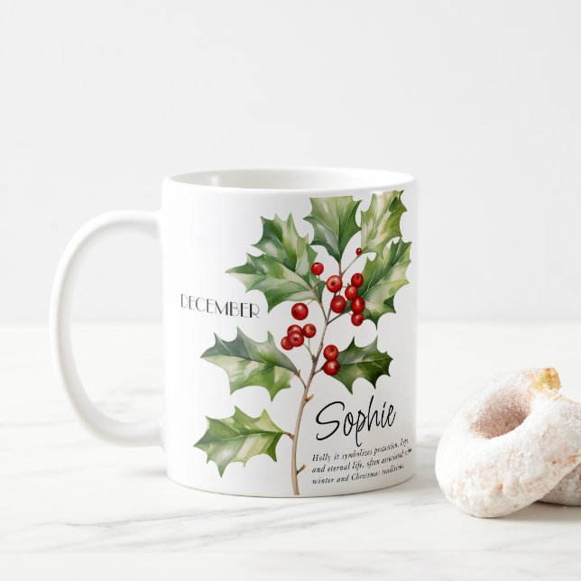 Taza De Café Nacimiento Mes Diciembre Flor Personalizada (Con donut)