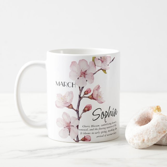 Taza De Café Nacimiento Mes Marcha Flor Personalizada (Con donut)