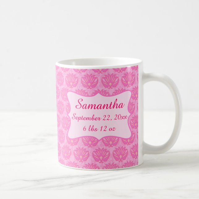 Taza De Café Nacimiento personalizado de bebé damascal rosa (Derecha)