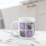 Taza De Café NANA Abuela Collage de fotos Mug | Violeta<br><div class="desc">Personalizar este lindo y moderno diseño de tazas para celebrar a tu abuela favorita este Día de la Madre, ¡Navidades o cumpleaños! Funciones de diseño alternando cuadrados de fotos y bloques de letras puras de orquídeas que escriben "NANA" en letras serif modernas con un corazón blanco en el último cuadrado....</div>