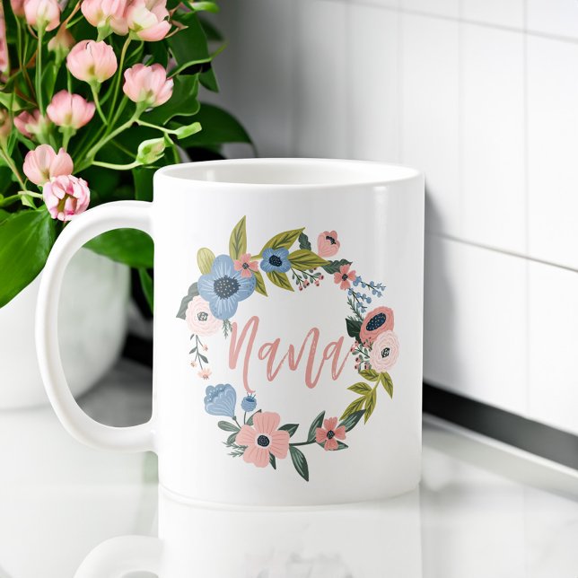 Taza De Café Nana Brush Script Tepográfico Floral Wreath (Nana Brush Script Typographic Floral Wreath Coffee Mug)