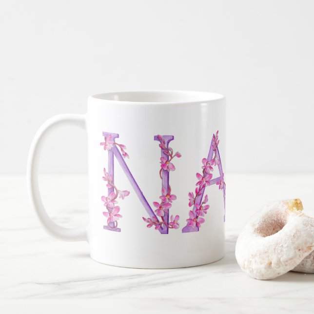 Taza De Café Nana texto orquídea pintura rosa púrpura barba (Con donut)